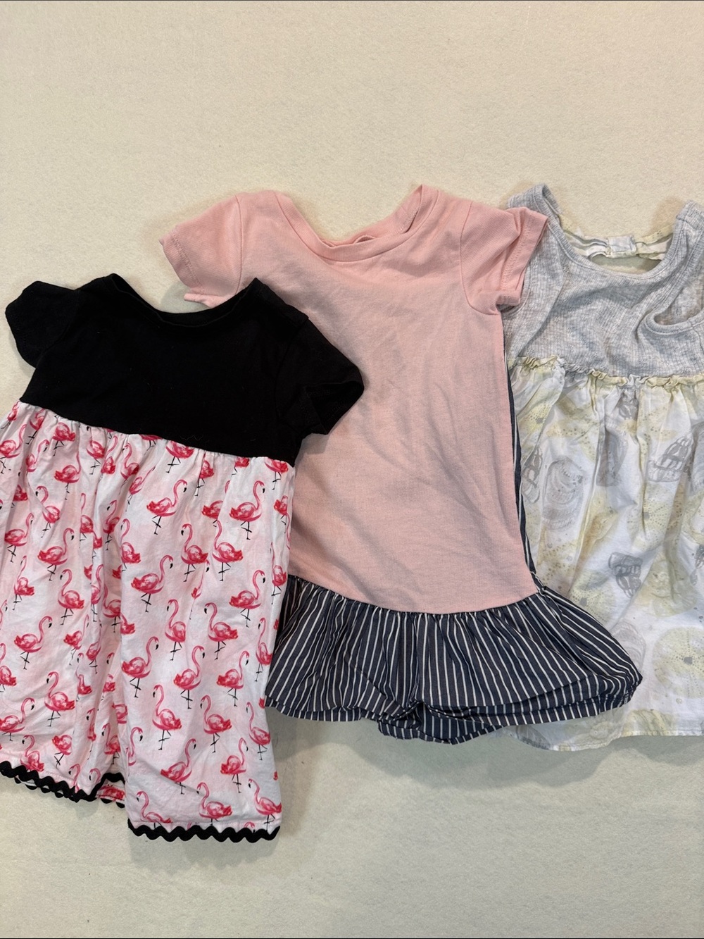Lot of 3 Summer Dresses Flamingo Striped Shells Sz 24 mo UU